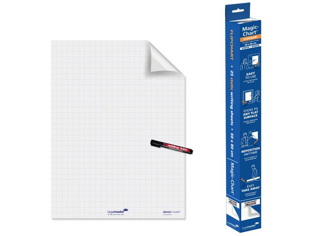 Legamaster Magic-Chart elektrostatiskt skrivfilm, 600 x 800 mm, inkluderar 25 ark och 1 Edding 330 permanent märkpenna | Kontorsmöbler och inredning - Whiteboardtavlor och tillbehör - Whiteboardfilm - Rulle | Kontorsexperten