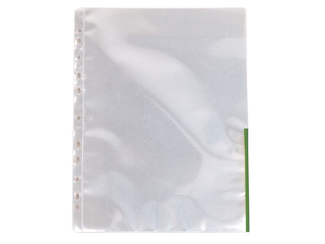 Esselte Plastficka signal, A4, stansad, 105 mikrometer, polypropylen, jämn, 11 hål, genomskinlig med gröna remsor 100/fp | Kontorsmaterial - Mappar och plastfickor - Plastfickor - Signal | Kontorsexperten