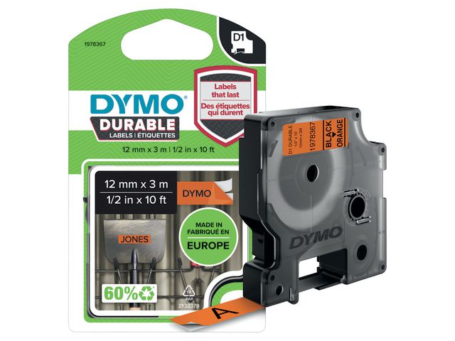 DYMO Tape Durable D1 12mm svart på orange | Kontorsmaskiner - Märkmaskiner och tape - Tape - Dymo D1 | Kontorsexperten