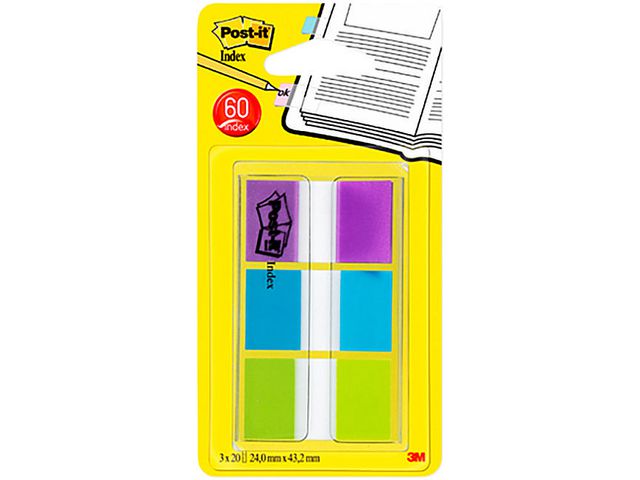 Post-it® Indexflikar med hylshållare, medium, 25,4 x 43,2 mm, olika färger, 3 x 20-pack