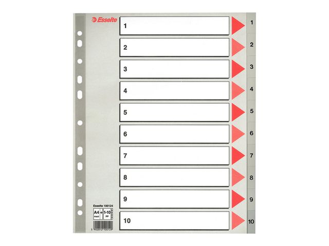 Esselte Plastregister, polypropylen, 10 delar, A4+, grå | Kontorsmaterial - Pärmar och register - Plastregister - Tryckta | Kontorsexperten