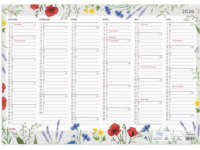 Burde Väggblad Blomster 2026 | Almanackor och kalendrar - Väggkalendrar - Väggblad | Kontorsexperten