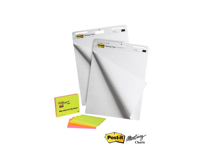 Produktfoto för Post-it® Super Sticky-staffliblock, 635 mm x 762 mm, 30 ark, vanligt vitt papper, + 4 meeting notes på köpet