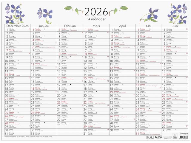 BURDE Väggblad 14-månader 2026 | Almanackor och kalendrar - Väggkalendrar - Väggblad | Kontorsexperten