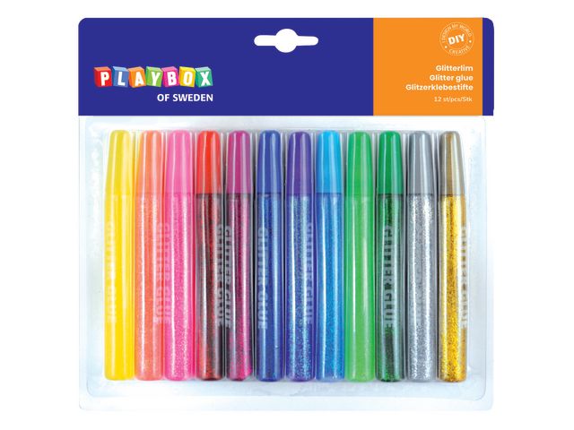 PLAYBOX Glitterlim 12 färger | Skola och förskola - Hobbymaterial - Paljetter, strössel och glitterlim | Kontorsexperten