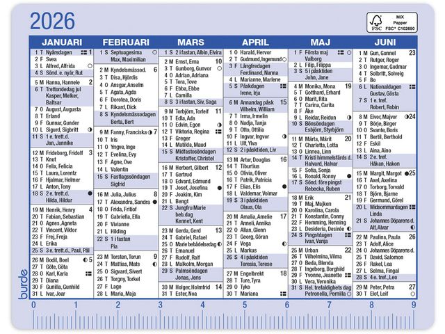 BURDE Kalenderkort 2026 | Almanackor och kalendrar - Fickkalendrar - Små fickkalendrar | Kontorsexperten