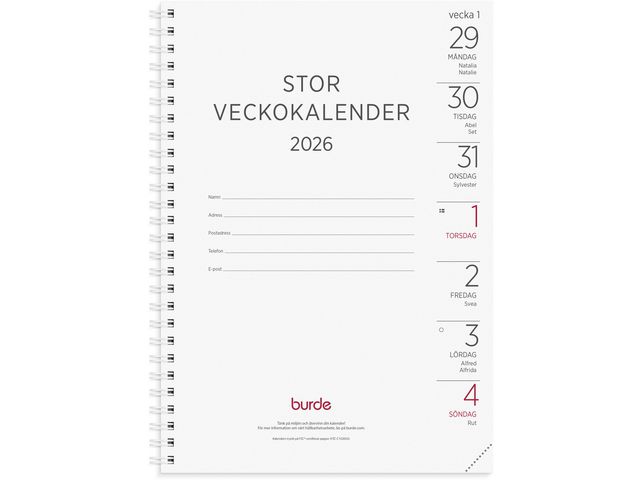 Burde Stor Veckokalender refill 2026 | Almanackor och kalendrar - Veckokalendrar - Stora veckokalendrar | Kontorsexperten