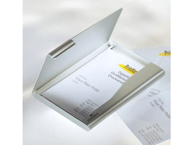 Durable Visitkortshållare, 20 kort, aluminium, 68 x 13 x 125 mm, silver | Kontorsmaterial - Till skrivbordet - Visitkortshållare | Kontorsexperten