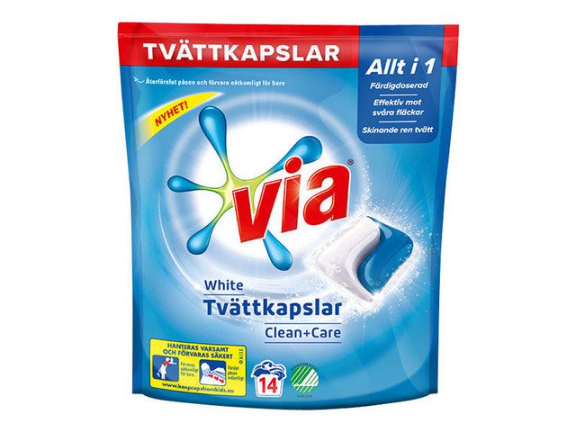 VIA Tvättkapslar White Clean+Care 14/fp