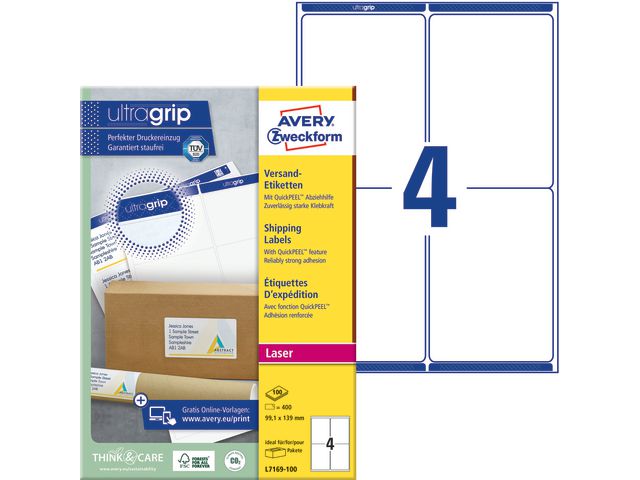 AVERY ZWECKFORM Etikett UltraGrip 99,1x139mm 400/fp | Emballage och lagerutrustning - Etiketter och godsmärkning - Adressetiketter | Kontorsexperten