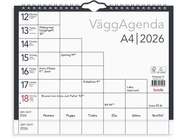 Burde Väggkalender Väggagenda A4 2026 | Almanackor och kalendrar - Väggkalendrar - Bildkalendrar | Kontorsexperten