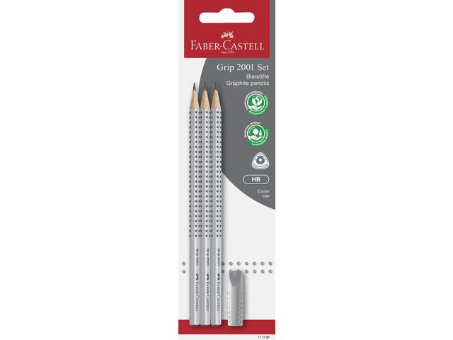 Produktfoto för Faber-Castell Grafitpenna, Grip 2001, HB-stift, triangelformad pennkropp med greppzon, silver