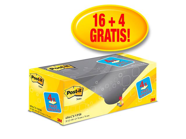 Post-it® Notislappar, 76 x 76 mm, Canary Yellow™, 20 x 100 blad, 654-CY-VP20 20/fp | Kontorsmaterial - Notes och Post-It - Notes - Gula | Kontorsexperten
