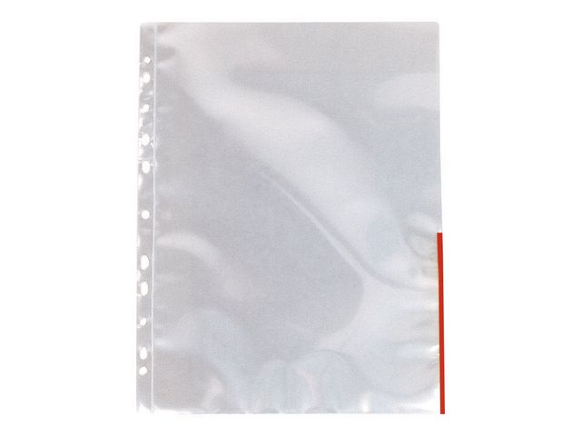 Esselte Plastficka signal, A4, stansad, 105 mikrometer, polypropylen, jämn, 11 hål, genomskinlig med röda remsor 100/fp | Kontorsmaterial - Mappar och plastfickor - Plastfickor - Signal | Kontorsexperten
