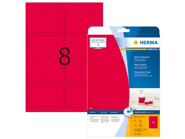 Produktfoto för Herma Etikett 99,1x67,7mm Neon röd