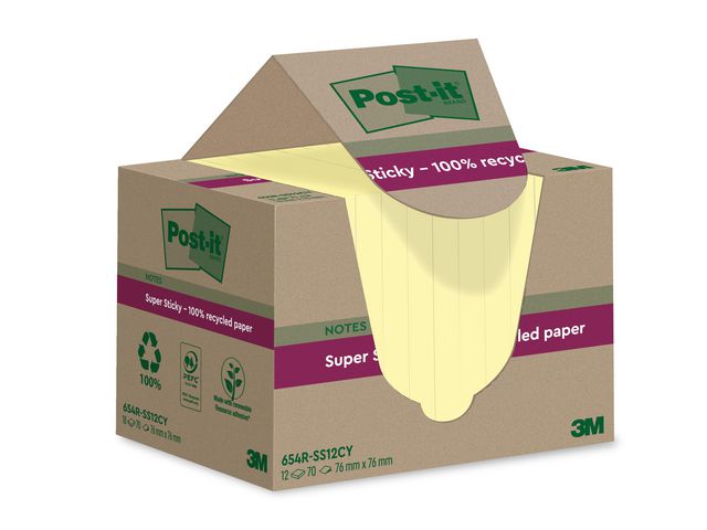 POST-IT Notes Super Sticky 76x76mm Recycled 100% gul 12/fp | Kontorsmaterial - Notes och Post-It - Notes - Extra sticky | Kontorsexperten