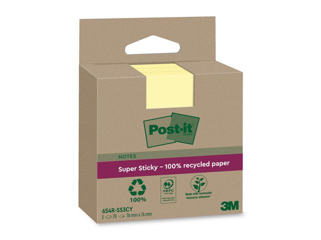 Post-it® Notes Super Sticky 76x76mm Recycled gul 3/fp | Kontorsmaterial - Notes och Post-It - Notes - Extra sticky | Kontorsexperten
