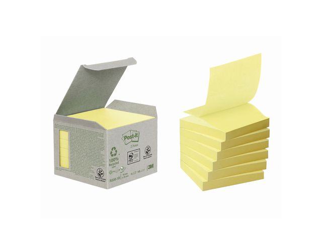 Post-it® Mini Tower-förpackning med återvunna Sticky Z-Notes-notislappar, 76 x 76 mm, gula, 100 ark 6/fp | Kontorsmaterial - Notes och Post-It - Notes - Z-block | Kontorsexperten
