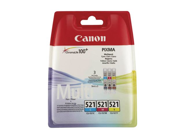 Canon Bläckpatron PIXMA CLI-521, 2934B010, ChromaLife100+-bläck cyan, magenta, gul, multiförpackning | Toner och bläck - Bläckpatroner - Bläckpatroner Canon | Kontorsexperten