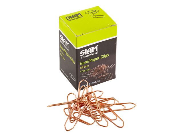 Gem SIAM, kopparbelagda, tåliga och hållbara, 32mm, koppar 100/fp | Kontorsmaterial - Till skrivbordet - Gem | Kontorsexperten