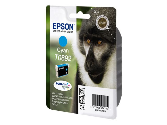 Epson Bläckpatron T0892, C13T08924010, Monkey, DURABrite Ultra-bläck, cyan, singelförpackning | Toner och bläck - Bläckpatroner - Bläckpatroner Epson | Kontorsexperten