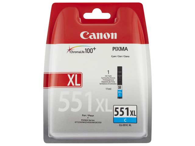 Canon Bläckpatron, PIXMA CLI-551XL C, 6444B001, ChromaLife100+, cyan, singelförpackning, hög kapacitet | Toner och bläck - Bläckpatroner - Bläckpatroner Canon | Kontorsexperten