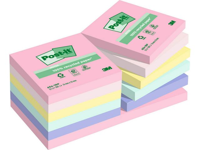 POST-IT Notes 100% recycled 76x76mm sorterade färger 12/fp | Kontorsmaterial - Notes och Post-It - Notes - Färgade | Kontorsexperten