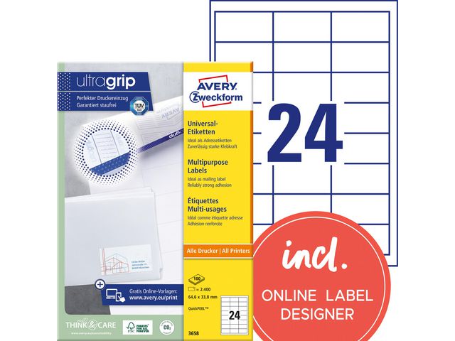 AVERY Etikett 64,6x33,8mm 2400/fp | Emballage och lagerutrustning - Etiketter och godsmärkning - Multifunktionsetiketter | Kontorsexperten