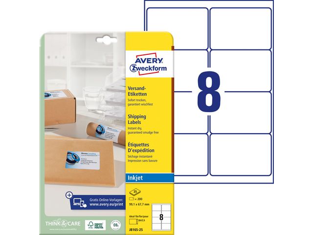 Produktfoto för Etiketter Avery J8165-25 QuickDRY™ hvid til inkjet 99,1x67,7 mm - (8 stk. x 25 ark)