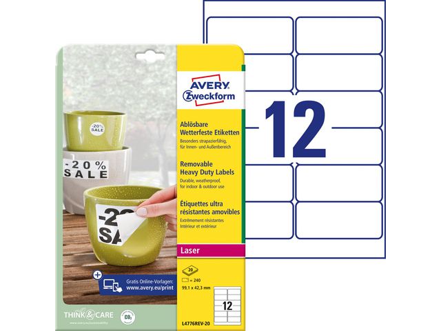 AVERY Etikett avtagbar 99,1x42,3mm 240/fp | Emballage och lagerutrustning - Etiketter och godsmärkning - Vattenfasta etiketter | Kontorsexperten