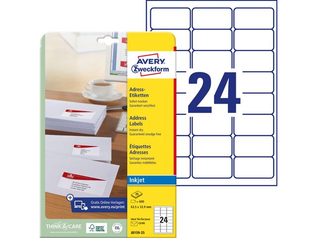Produktfoto för Avery - 33.9 x 64 mm 600 stk (25 ark x 24) adresslappar