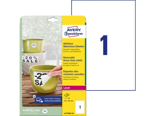 AVERY Etikett avtagbar slitstark 210x297mm 20/fp | Emballage och lagerutrustning - Etiketter och godsmärkning - Vattenfasta etiketter | Kontorsexperten