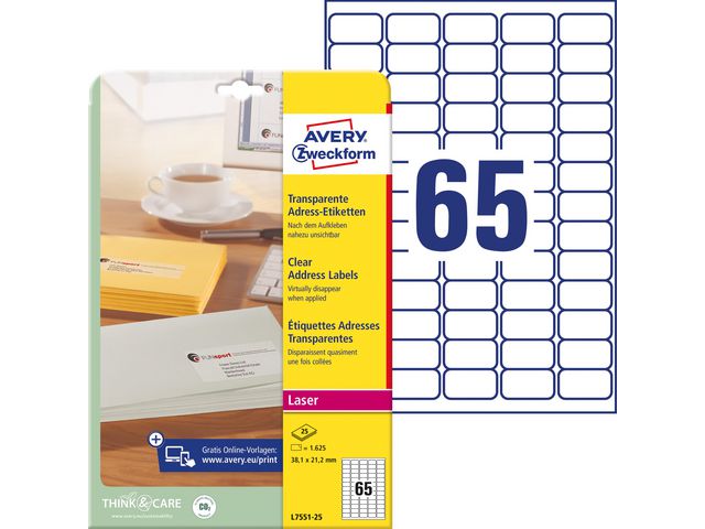 Produktfoto för Etiketter Avery L7551 transparent 38,1x21,2 (låda med 1625 st.)