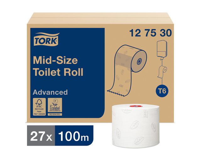 Tork Toalettpapper Advanced Compact T6, jumborulle, 2-lag, präglad, vit 27/fp | Städ och hygien - Toalettpapper och torkpapper - Toalettpapper - rulle | Kontorsexperten