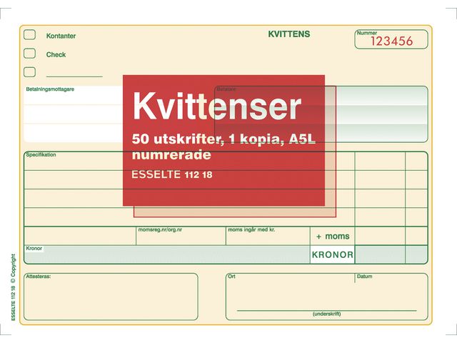 Esselte Blankett kvittens numrerad A5L 2x50 blad | Kontorsmaterial - Blanketter och bokföring - Blanketter | Kontorsexperten