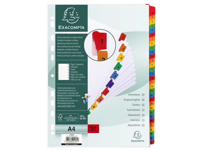 Exacompta Register mylar 1-31 multifärg | Kontorsmaterial - Pärmar och register - Kartongregister | Kontorsexperten