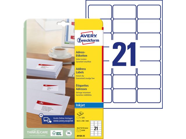 Produktfoto för Avery - Vit - 63.5 x 38.1 mm 525 etikett (er) (25 ark x 21) adresslappar