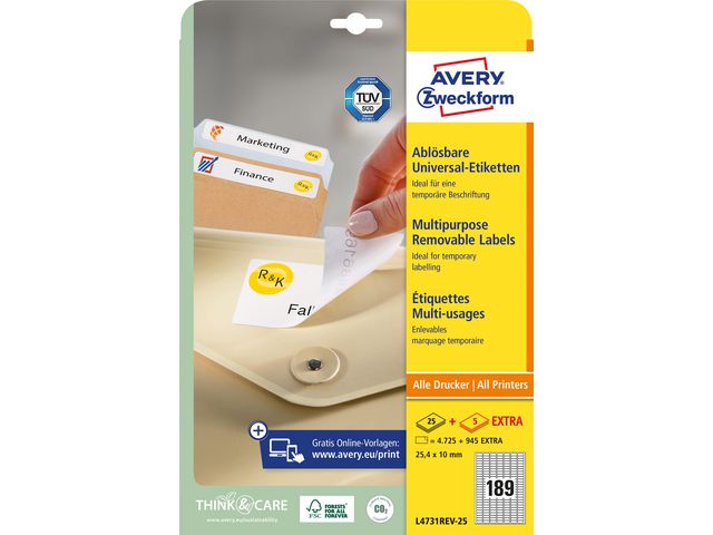 AVERY Etikett avtagbar 25,4x10mm 4725/fp | Emballage och lagerutrustning - Etiketter och godsmärkning - Avtagbara och vattenfasta etiketter | Kontorsexperten