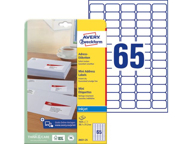 Produktfoto för Adresslappar avery, för bläckstråleskrivare, 38,1 x 21,2 mm, låda med 1.625 st.