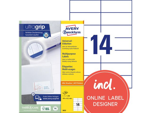 AVERY Etikett 105x42,3mm 1400/fp | Emballage och lagerutrustning - Etiketter och godsmärkning - Multifunktionsetiketter | Kontorsexperten