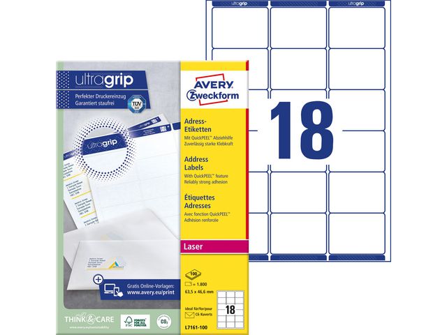 AVERY ZWECKFORM Etikett UltaGrip 63,5x46,6mm 1800/fp | Emballage och lagerutrustning - Etiketter och godsmärkning - Adressetiketter | Kontorsexperten