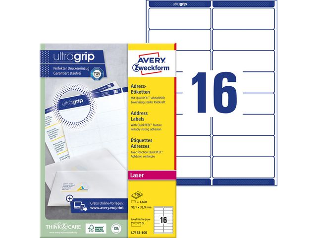 AVERY ZWECKFORM Etikett UltaGrip 99,1x33,9mm 1600/fp | Emballage och lagerutrustning - Etiketter och godsmärkning - Adressetiketter | Kontorsexperten