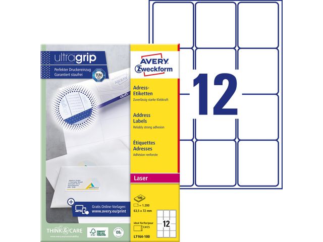 Produktfoto för Adresslappar avery, för laser, 63,5 x 72,0 mm, låda med 1.200 st.