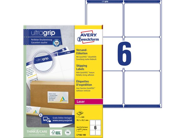 Produktfoto för Shippingetiket Avery Zweckform QuickPEEL™ L7166-100 hvid 99,1x93,1 mm - (100 ark x 6 stk.)