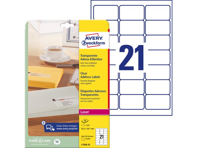 AVERY Etikett transparent 63,5x38,1mm 525/fp | Emballage och lagerutrustning - Etiketter och godsmärkning - Specialetiketter | Kontorsexperten