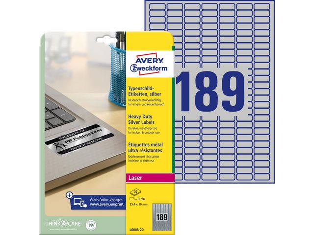 AVERY Etikett 25,4x10mm silver 3780/fp | Emballage och lagerutrustning - Etiketter och godsmärkning - Vattenfasta etiketter | Kontorsexperten