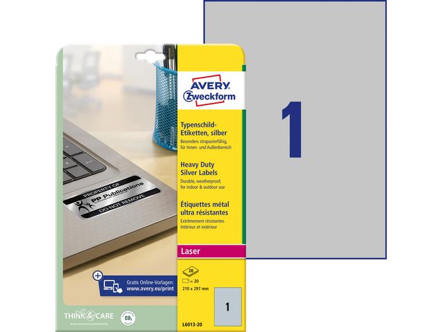 AVERY Etikett slitstark 210x297mm silver 20/fp | Emballage och lagerutrustning - Etiketter och godsmärkning - Vattenfasta etiketter | Kontorsexperten