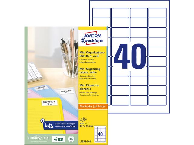 Produktfoto för Adresslappar avery, för laser, mini, 45,7 x 25,4 mm, låda med 4.000 st.