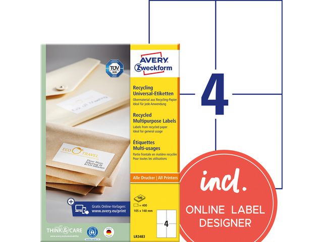AVERY Etikett återvunnen 105x148mm 400/fp | Emballage och lagerutrustning - Etiketter och godsmärkning - Multifunktionsetiketter | Kontorsexperten