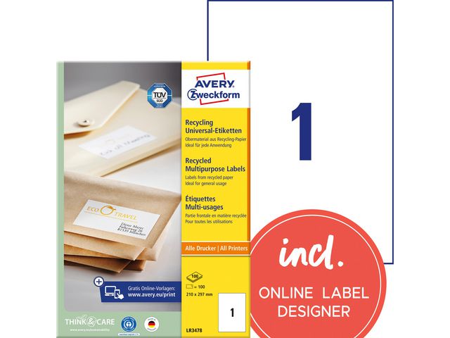 AVERY Etikett återvunnen 210x297mm 100/fp | Emballage och lagerutrustning - Etiketter och godsmärkning - Multifunktionsetiketter | Kontorsexperten